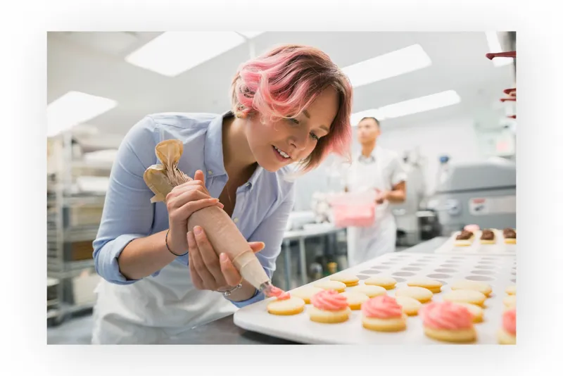 A baker piping icing in a commercial kitchen
